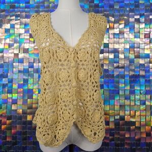 Jessica‎ Roberts Crochet Sweater Vest Womens M Tan Beige Excellent Floral Boho
